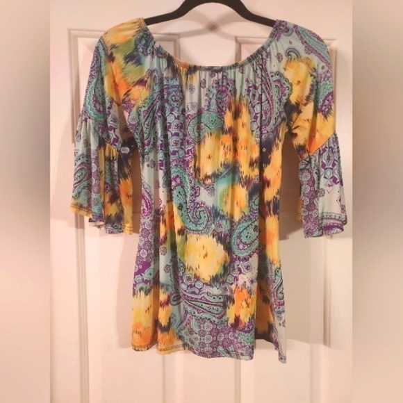 VOLL Brand Women's Colorful Flounce Sleeve Top Shirt Size Small. - Picture 3 of 3